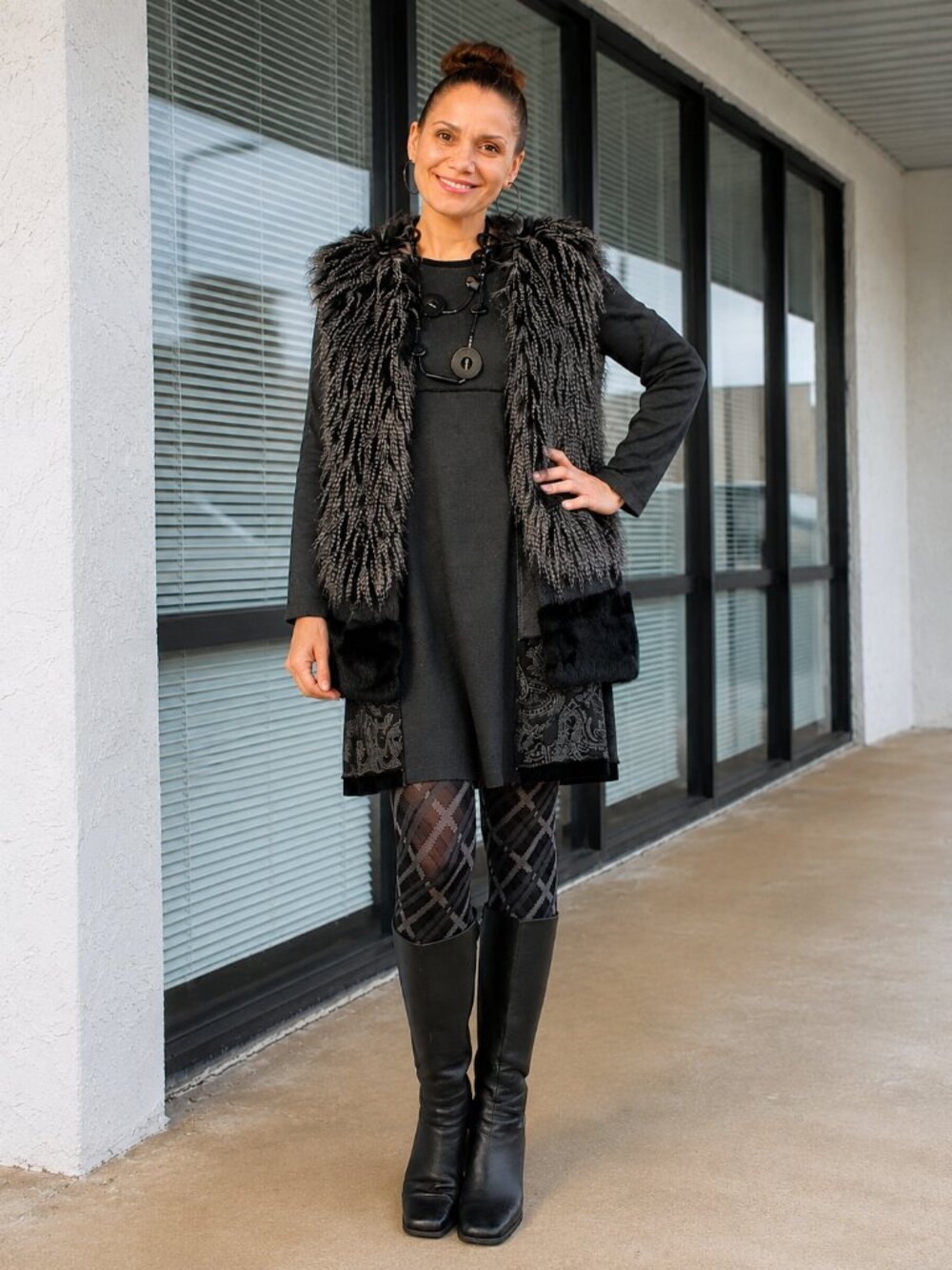 Nostalgia Brand Black Gray Shaggy Faux Fur Vest, Boho Luxe Longline Statement - Picture 5 of 6
